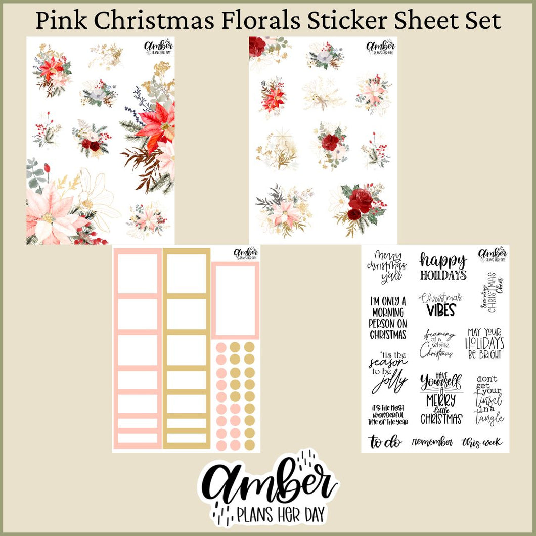 Pink Christmas Florals Sticker Sheet Set