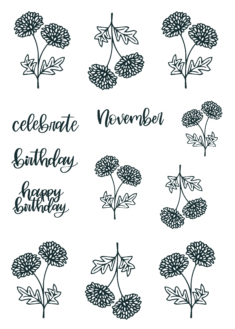 November Lined Birth Monthly Florals Sticker Sheet