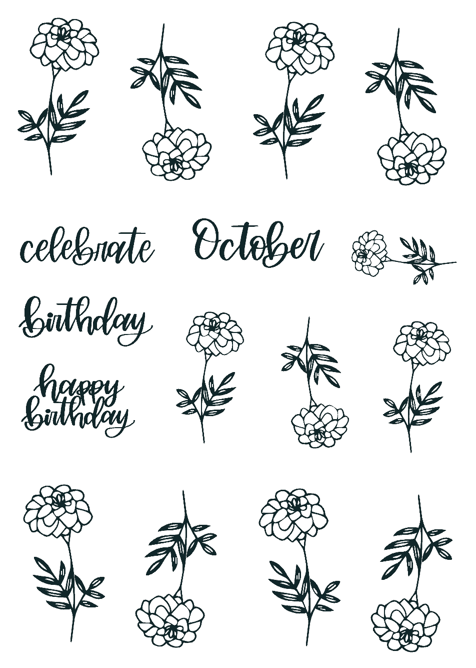 October Lined Birth Monthly Florals Sticker Sheet