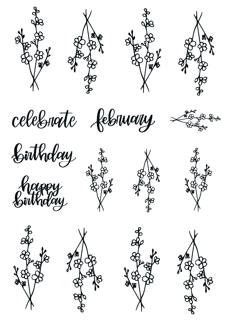 February Lined Birth Monthly Florals Sticker Sheet